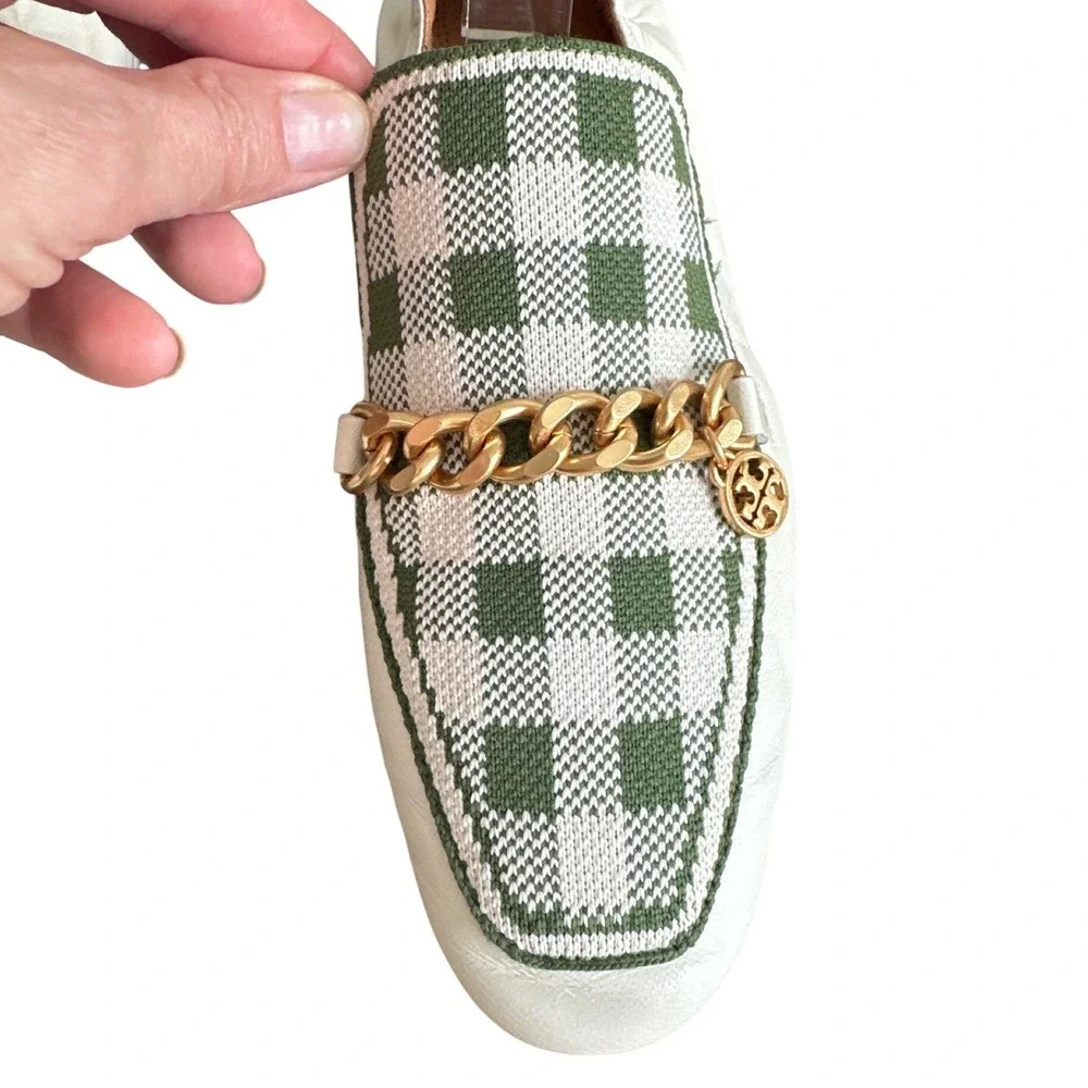 Tory Burch Mini Benton Gingham Chain Charm Loafers Ivory Green Size 8